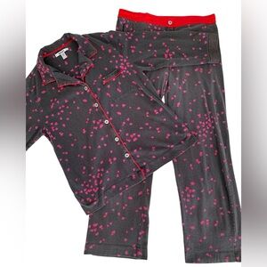 DKNY Pajamas Set Women’s M Grey Pink Hearts Loungewear 2 PCS Top Pants